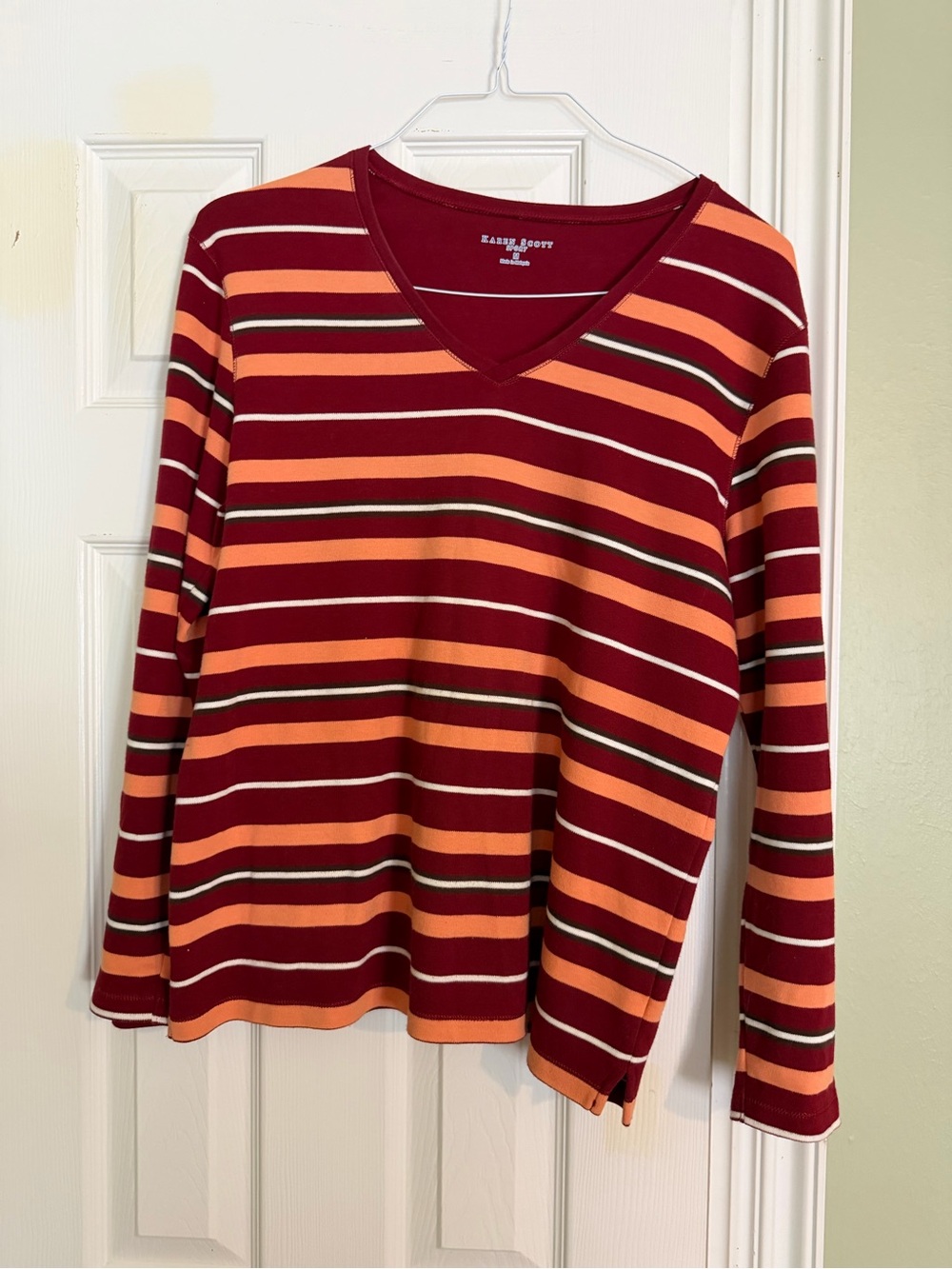 Karen Scott Burgundy, Orange & Red Striped V-Neck Long Sleeve Top